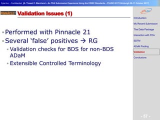 Geneva Branch
Cytel Inc. - Confidential
- 57 -
[A. Tinazzi C. Marchand – An FDA Submission Experience Using the CDISC Standards – PhUSE 2017 Edinburgh 08-11 October 2017]
Validation Issues (1)
Performed with Pinnacle 21
Several ‘false’ positives  RG
 Validation checks for BDS for non-BDS
ADaM
 Extensible Controlled Terminology
Introduction
My Recent Submission
The Data Package
Interaction with FDA
SDTM
ADaM Pooling
Validation
Conclusions
 