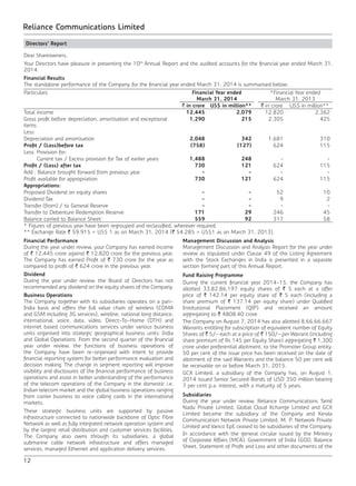 12
Reliance Communications Limited
Directors’ Report
Dear Shareowners,
Your Directors have pleasure in presenting the 10th
Annual Report and the audited accounts for the financial year ended March 31,
2014.
Financial Results
The standalone performance of the Company for the financial year ended March 31, 2014 is summarised below:
Particulars Financial Year ended
March 31, 2014
*Financial Year ended
March 31, 2013
` in crore US$ in million** ` in crore US$ in million**
Total income 12,445 2,079 12,820 2,362
Gross profit before depreciation, amortisation and exceptional
items
1,290 215 2,305 425
Less:
Depreciation and amortisation 2,048 342 1,681 310
Profit / (Loss)before tax (758) (127) 624 115
Less: Provision for:
Current tax / Excess provision for Tax of earlier years 1,488 248 - -
Profit / (Loss) after tax 730 121 624 115
Add : Balance brought forward from previous year - - - -
Profit available for appropriation 730 121 624 115
Appropriations:
Proposed Dividend on equity shares - - 52 10
Dividend Tax - - 9 2
Transfer (from) / to General Reserve - - - -
Transfer to Debenture Redemption Reserve 171 29 246 45
Balance carried to Balance Sheet 559 92 317 58
* Figures of previous year have been regrouped and reclassified, wherever required.
** Exchange Rate ` 59.915 = US$ 1 as on March 31, 2014 (` 54.285 = US$1 as on March 31, 2013).
Financial Performance
During the year under review, your Company has earned income
of ` 12,445 crore against ` 12,820 crore for the previous year.
The Company has earned Profit of ` 730 crore for the year as
compared to profit of ` 624 crore in the previous year.
Dividend
During the year under review, the Board of Directors has not
recommended any dividend on the equity shares of the Company.
Business Operations
The Company together with its subsidiaries operates on a pan-
India basis and offers the full value chain of wireless (CDMA
and GSM including 3G services), wireline, national long distance,
international, voice, data, video, Direct-To-Home (DTH) and
internet based communications services under various business
units organised into strategic geographical business units: India
and Global Operations. From the second quarter of the financial
year under review, the functions of business operations of
the Company have been re-organised with intent to provide
financial reporting system for better performance evaluation and
decision making. The change in segment reporting will improve
visibility and disclosures of the financial performance of business
operations and assist in better understanding of the performance
of the telecom operations of the Company in the domestic i.e.
Indian telecom market and the global business operations ranging
from carrier business to voice calling cards in the international
markets.
These strategic business units are supported by passive
infrastructure connected to nationwide backbone of Optic Fibre
Network as well as fully integrated network operation system and
by the largest retail distribution and customer services facilities.
The Company also owns through its subsidiaries, a global
submarine cable network infrastructure and offers managed
services, managed Ethernet and application delivery services.
Management Discussion and Analysis
Management Discussion and Analysis Report for the year under
review as stipulated under Clause 49 of the Listing Agreement
with the Stock Exchanges in India is presented in a separate
section forming part of this Annual Report.
Fund Raising Programme
During the current financial year 2014-15, the Company has
allotted 33,82,86,197 equity shares of ` 5 each at a offer
price of ` 142.14 per equity share of ` 5 each (including a
share premium of ` 137.14 per equity share) under Qualified
Institutional Placement (QIP) and received an amount
aggregating to ` 4808.40 crore.
The Company on August 7, 2014 has also allotted 8,66,66,667
Warrants entitling for subscription of equivalent number of Equity
Shares of ` 5/- each at a price of ` 150/- per Warrant (including
share premium of Rs 145 per Equity Share) aggregating ` 1,300
crore under preferential allotment, to the Promoter Group entity.
50 per cent of the issue price has been received on the date of
allotment of the said Warrants and the balance 50 per cent will
be receivable on or before March 31, 2015.
GCX Limited, a subsidiary of the Company has, on August 1,
2014 issued Senior Secured Bonds of USD 350 million bearing
7 per cent p.a. interest, with a maturity of 5 years.
Subsidiaries
During the year under review, Reliance Communications Tamil
Nadu Private Limited, Global Cloud Xchange Limited and GCX
Limited became the subsidiary of the Company and Kerala
Communication Network Private Limited, M. P. Network Private
Limited and Vanco EpE ceased to be subsidiaries of the Company.
In accordance with the general circular issued by the Ministry
of Corporate Affairs (MCA), Government of India (GOI), Balance
Sheet, Statement of Profit and Loss and other documents of the
 