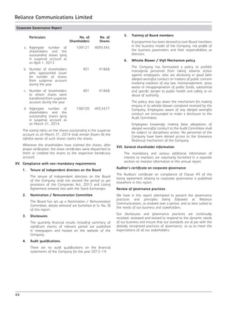 44
Reliance Communications Limited
Corporate Governance Report
Particulars No. of
Shareholders
No. of
Shares
a. Aggregate number of
shareholders and the
outstanding shares lying
in suspense account as
on April 1, 2013
109121 4095345
b. Number of shareholders
who approached issuer
for transfer of shares
from suspense account
during the year
401 41868
c. Number of shareholders
to whom shares were
transferred from suspense
account during the year.
401 41868
d. Aggregate number of
shareholders and the
outstanding shares lying
in suspense account as
on March 31, 2014
108720 4053477
	 The voting rights on the shares outstanding in the suspense
account as on March 31, 2014 shall remain frozen till the
rightful owner of such shares claims the shares.
	 Wherever the shareholders have claimed the shares, after
proper verification, the share certificates were dispatched to
them or credited the shares to the respective beneficiary
account.
XV.	 Compliance with non-mandatory requirements
	 1.	 Tenure of independent directors on the Board
		 The tenure of independent directors on the Board
of the Company shall not exceed the period as per
provisions of the Companies Act, 2013 and Listing
Agreement entered into with the Stock Exchanges.
	 2.	 Nomination / Remuneration Committee
		 The Board has set up a Nomination / Remuneration
Committee, details whereof are furnished at Sr. No. III
of this report.
	 3.	Disclosures
		 The quarterly financial results including summary of
significant events of relevant period are published
in newspapers and hosted on the website of the
Company.
	 4.	 Audit qualifications
		 There are no audit qualifications on the financial
statements of the Company for the year 2013-14.
	 5.	 Training of Board members
		 A programme has been devised to train Board members
in the business model of the Company, risk profile of
the business parameters and their responsibilities as
directors.
	 6.	 Whistle Blower / Vigil Mechanism policy
		 The Company has formulated a policy to prohibit
managerial personnel from taking adverse action
against employees, who are disclosing in good faith
alleged wrongful conduct on matters of public concern
involving violation of any law, mismanagement, gross
waste or misappropriation of public funds, substantial
and specific danger to public health and safety or an
abuse of authority.
		 The policy also lays down the mechanism for making
enquiry in to whistle blower complaint received by the
Company. Employees aware of any alleged wrongful
conduct are encouraged to make a disclosure to the
Audit Committee.
		 Employees knowingly making false allegations of
alleged wrongful conduct to the Audit Committee shall
be subject to disciplinary action. No personnel of the
Company have been denied access to the Grievance
Redressal mechanism of the Company.
XVI. General shareholder information
	 The mandatory and various additional information of
interest to investors are voluntarily furnished in a separate
section on investor information in this annual report.
Auditor’s certificate on corporate governance
The Auditors’ certificate on compliance of Clause 49 of the
listing agreement relating to corporate governance is published
elsewhere in this report.
Review of governance practices
We have in this report attempted to present the governance
practices and principles being followed at Reliance
Communications, as evolved over a period, and as best suited to
the needs of our business and stakeholders.
Our disclosures and governance practices are continually
revisited, reviewed and revised to respond to the dynamic needs
of our business and ensure that our standards are at par with the
globally recognised practices of governance, so as to meet the
expectations of all our stakeholders.
 