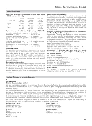 Reliance Communications Limited
49
Investor Information
Share Price Performance in comparison to broad based indices
- BSE Sensex and NSE Nifty
RCOM Sensex BSE Nifty NSE
FY 2013-14 133.51
per cent
18.85
per cent
17.98
per cent
2 years 53.36
per cent
28.63
per cent
26.60
per cent
3 years 19.68
per cent
15.12
per cent
14.92
per cent
Key financial reporting dates for the financial year 2014-15
Unaudited results for the first quarter
ended June 30, 2014
: On or before
August 14, 2014
Unaudited results for the second
quarter / half year ended September
30, 2014
: On or before
November 14, 2014
Unaudited results for the third
quarter ended December 31, 2014
: On or before February
14, 2015
Audited results for the financial year
2014-15
: On or before
May 30, 2015
Depository services
For guidance on depository services, shareholders may write to
the Company’s RTA or National Securities Depository Limited,
Trade World, A Wing, 4th
and 5th
Floors, Kamala Mills Compound,
Lower Parel, Mumbai 400 013, website: www.nsdl.co.in or
Central Depository Services (India) Limited, Phiroze Jeejeebhoy
Towers, 17th
Floor, Dalal Street, Mumbai 400 023, website:
www.cdslindia.com.
Communication to members
The quarterly financial results of the Company were announced
within 45 days of the end of the respective quarter during the
year under review. The Company’s media releases and details
of significant developments are made available on Company’s
website: www.rcom.co.in. These are also published in leading
newspapers.
Reconciliation of Share Capital
The Securities and Exchange Board of India has directed that all
issuer companies shall submit a certificate reconciling the total
shares held in both the depositories, viz. NSDL and CDSL and in
physical form with the total issued / paid up capital. The said
certificate, duly certified by a qualified chartered accountant is
submitted to the stock exchanges where the securities of the
Company are listed within 30 days of the end of each quarter
and the certificate is also placed before the Board of Directors
of the Company.
Investors’ correspondence may be addressed to the Registrar
and Transfer Agent of the Company
Shareholders / Investors are requested to forward documents
related to share transfer, dematerialisation requests (through
their respective Depository Participant) and other related
correspondence directly to Karvy Computershare Private Limited
at the below mentioned address for speedy response.
Karvy Computershare Private Limited
Unit: Reliance Communications Limited
Madhura Estates, Municipal No. 1-9/13/C, Plot No. 13 &
13C, Madhapur Village, Hyderabad 500 081, India
Shareholders / Investors can also send the above
correspondence to the Compliance Officer of the Company at
the following address
The Company Secretary
Reliance Communications Limited
H Block, 1st
Floor, Dhirubhai Ambani Knowledge City
Navi Mumbai 400 710.
Telephone no. : +91 22 3038 6286
Facsimile : +91 22 3037 6622
E-mail : Rcom.Investors@relianceada.com
Plant Locations
The Company is engaged in the business of providing
telecommunications services and as such has no plant.
Auditors’ Certificate on Corporate Governance
To,
The Members of
Reliance Communications Limited
We have examined the compliance of conditions of Corporate Governance by Reliance Communications Limited (‘the Company’) for
the financial year ended on March 31, 2014, as stipulated in Clause 49 of the Listing Agreement of the said Company with Stock
Exchanges in India.
The compliance of conditions of Corporate Governance is the responsibility of the management. Our examination was limited to
a review of the procedures and implementation thereof, adopted by the Company for ensuring compliance of the conditions of
Corporate Governance. It is neither an audit nor an expression of opinion on the financial statements of the Company.
In our opinion and to the best of our information and according to the explanations given to us, we certify that the Company has
complied with the conditions of Corporate Governance as stipulated in Clause 49 of the above mentioned Listing Agreement.
We further state that such compliance is neither an assurance as to the future viability of the Company nor the efficiency or
effectiveness with which the management has conducted the affairs of the Company.
For Chaturvedi & Shah
Chartered Accountants
Firm Reg. No: 101720W
C. D. Lala
Partner
Membership No: 35671
For B S R & Co. LLP
Chartered Accountants
Firm Reg. No: 101248W
Bhavesh Dhupelia
Partner
Membership No: 042070
Mumbai
August 14, 2014
 