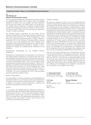 50
Reliance Communications Limited
Independent Auditors’ Report on the Abridged Financial Statements
To
The Members of
Reliance Communications Limited
The accompanying abridged financial statements, which comprise
the abridged balance sheet as at 31 March, 2014, the abridged
statement of profit & loss and abridged cash flow statement
for the year then ended, and related notes, are derived from
the audited financial statements of Reliance Communications
Limited (‘the Company’) for the year ended 31 March, 2014.
Our opinion dated 2 May, 2014 on those financial statements
contains a matter of emphasis.
The abridged financial statements do not contain all the
disclosures required by the Accounting Standards referred to in
sub-section (3C) of Section 211 of the Companies Act, 1956
(“the Act”) read with the General Circular 15/2013 dated 13
September 2013 of the Ministry of Corporate Affairs in respect
of Section 133 of the Companies Act, 2013, applied in the
preparation of the audited financial statements of the Company.
Reading the abridged financial statements, therefore, is not a
substitute for reading the audited financial statements of the
Company.
Management’s Responsibility for the Abridged Financial
Statements
Management is responsible for the preparation of a summary of
the audited financial statements in accordance with Rule 7A of
the Companies (Central Government’s) General Rules and Forms,
1956 read with Companies (Central Government’s) General Rules
and Forms (Amendment) Rules, 2012 and are based on the
audited financial statements for the year ended 31 March 2014,
prepared in accordance with Accounting Standards referred to in
sub-section (3C) of Section 211 of the Companies Act, 1956
(“the Act”) read with the General Circular 15/2013 dated 13
September 2013 of the Ministry of Corporate Affairs in respect
of Section 133 of the Companies Act, 2013 and accounting
principles generally accepted in India.
Auditors’ Responsibility
Our responsibility is to express an opinion on the abridged financial
statements based on our procedures, which were conducted in
accordance with Standard on Auditing (SA) 810, “Engagements
to Report on Summary Financial Statements” issued by the
Institute of Chartered Accountants of India.
Opinion
In our opinion, the abridged financial statements, prepared in
accordance with Rule 7A ofthe Companies (CentralGovernment’s)
General Rules and Forms, 1956 read with Companies (Central
Government’s) General Rules and Forms (Amendment) Rules,
2012 are derived from the audited financial statements of the
Company for the year ended 31 March, 2014 and are a fair
summary of those financial statements.
Emphasis of Matter
We draw your attention to Note 2.12 of the abridged financial
statements regarding the Scheme of Arrangement (‘the Scheme’)
sanctioned by the Hon’ble High Court of Judicature at Mumbai.
The Scheme permits the Company to adjust expenses and/or
losses identified by the Board of Directors, which are required to
be debited to the Statement of profit and loss by a corresponding
withdrawal from General Reserve, which is considered to be an
override to the relevant provisions ofAccounting Standard 5 (AS 5)
‘Net Profit or Loss for the Period, Prior Period Items and Changes
in Accounting Policies’. The Company has identified net foreign
exchange variations of ` 54 crore (previous year ` 91 crore),
amortization of Foreign Currency Monetary Items Translation
Difference Account (FCMITDA) of ` 254 crore (previous year
` 546 crore) and depreciation on exchange losses capitalised of
` 333 crore (previous year ` 218 crore), as in the opinion of the
Board, such exchange loss and depreciation are considered to be
of an exceptional nature and accordingly, these expenses have
been met by corresponding withdrawal from General Reserve.
Had such write off of exchange losses and depreciation not been
met from General Reserve, the Company would have reflected
a profit after tax for the year of ` 89 crore (previous year loss
after tax of ` 231 crore) and the consequential effect of this
on the profit after tax for the year would have been of ` 641
crore (previous year ` 855 crore). Pending clarification from the
Institute of Chartered Accountants of India (ICAI), the Company
has credited such withdrawals to the Statement of profit and
loss. Our opinion is not qualified in this matter.
For Chaturvedi & Shah For B S R & Co. LLP
Chartered Accountants Chartered Accountants
Firm’s Reg. No: 101720W Firm’s Reg. No: 101248W
C. D. Lala Bhavesh Dhupelia
Partner Partner
Membership No: 35671 Membership No: 042070
Mumbai
May 2, 2014
 