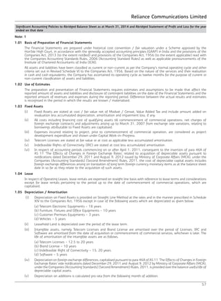 Reliance Communications Limited
57
Note: 1
1.01	 Basis of Preparation of Financial Statements
	 The Financial Statements are prepared under historical cost convention / fair valuation under a Scheme approved by the
Hon’ble High Court, in accordance with the generally accepted accounting principles (GAAP) in India and the provisions of the
Companies Act, 2013 (to the extent notified) and provisions of the Companies Act, 1956 (to the extent applicable) read with
the Companies Accounting Standards Rules, 2006 (Accounting Standard Rules) as well as applicable pronouncements of the
Institute of Chartered Accountants of India (ICAI).
	 All assets and liabilities have been classified as current or non-current as per the Company’s normal operating cycle and other
criteria set out in Revised Schedule VI to the Companies Act, 1956. Based on the nature of the services and their realisation
in cash and cash equivalents, the Company has ascertained its operating cycle as twelve months for the purpose of current or
non-current classification of assets and liabilities.
1.02	 Use of Estimates
	 The preparation and presentation of Financial Statements requires estimates and assumptions to be made that affect the
reported amount of assets and liabilities and disclosure of contingent liabilities on the date of the Financial Statements and the
reported amount of revenues and expenses during the reporting period. Difference between the actual results and estimates
is recognised in the period in which the results are known / materialised.
1.03	 Fixed Assets
	 (i)	 Fixed Assets are stated at cost / fair value net of Modvat / Cenvat, Value Added Tax and include amount added on
revaluation less accumulated depreciation, amortisation and impairment loss, if any.
	 (ii)	 All costs including financing cost of qualifying assets till commencement of commercial operations, net charges of
foreign exchange contracts and adjustments arising up to March 31, 2007 from exchange rate variations, relating to
borrowings attributable to Fixed Assets are capitalised.
	 (iii)	 Expenses incurred relating to project, prior to commencement of commercial operation, are considered as project
development expenditure and shown under Capital Work-in-Progress.
	 (iv)	 Telecom Licenses are stated at fair value or at cost as applicable less accumulated amortisation.
	 (v)	 Indefeasible Rights of Connectivity (IRC) are stated at cost less accumulated amortisation.
	 (vi)	 In respect of accounting periods commencing on or after April 1, 2011, consequent to the insertion of para 46A of
AS 11 ‘The Effects of Changes in Foreign Exchange Rates’, related to acquisition of depreciable assets pursuant to
notifications dated December 29, 2011 and August 9, 2012 issued by Ministry of Corporate Affairs (MCA), under the
Companies (Accounting Standards) (Second Amendment) Rules, 2011, the cost of depreciable capital assets includes
foreign exchange differences arising on translation of long term foreign currency monetary items as at the balance sheet
date in so far as they relate to the acquisition of such assets.
1.04	Lease
	 In respect of Operating Leases, lease rentals are expensed on straight line basis with reference to lease terms and considerations
except for lease rentals pertaining to the period up to the date of commencement of commercial operations, which are
capitalised.
1.05	 Depreciation / Amortisation
	 (i)	 Depreciation on Fixed Assets is provided on Straight Line Method at the rates and in the manner prescribed in Schedule
XIV to the Companies Act, 1956 except in case of the following assets which are depreciated as given below.
		 (a) Telecom Electronic Equipments - 18 years
		 (b) Furniture, Fixtures and Office Equipments - 10 years
		 (c) Customer Premises Equipments - 3 years
		 (d) Vehicles - 5 years
	 (ii)	 Leasehold Land is depreciated over the period of the lease term.
	 (iii)	 Intangible assets, namely Telecom Licenses and Brand License are amortised over the period of Licenses. IRC and
Software are amortised from the date of acquisition or commencement of commercial services, whichever is later. The
life of amortisation of the intangible assets are as follows.
		 (a) Telecom Licenses - 12.5 to 20 years
		 (b) Brand License - 10 years
		 (c) Indefeasible Right of Connectivity - 15, 20 years
		 (d) Software - 5 years
	 (iv)	 Depreciation on foreign exchange differences, capitalised pursuant to para 46A of AS 11 ‘The Effects of Changes in Foreign
Exchange Rates’ vide notifications dated December 29, 2011 and August 9, 2012 by Ministry of Corporate Affairs (MCA),
under the Companies (Accounting Standards) (Second Amendment) Rules, 2011, is provided over the balance useful life of
depreciable capital assets.
	 (v)	 Depreciation on additions is calculated pro rata from the following month of addition.
Significant Accounting Policies to Abridged Balance Sheet as at March 31, 2014 and Abridged Statement of Profit and Loss for the year
ended on that date		
 