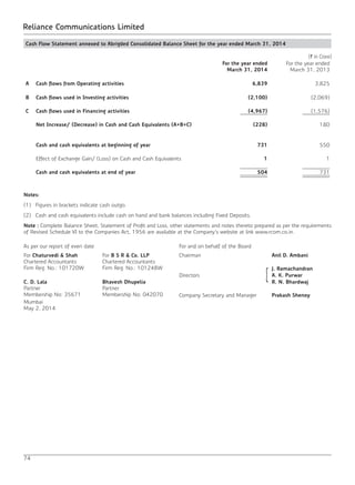 74
Reliance Communications Limited
Cash Flow Statement annexed to Abrigded Consolidated Balance Sheet for the year ended March 31, 2014
(` in Crore)
For the year ended
March 31, 2014
For the year ended
March 31, 2013
A Cash flows from Operating activities 6,839 3,825
B Cash flows used in Investing activities (2,100) (2,069)
C Cash flows used in Financing activities (4,967) (1,576)
Net Increase/ (Decrease) in Cash and Cash Equivalents (A+B+C) (228) 180
Cash and cash equivalents at beginning of year 731 550
Effect of Exchange Gain/ (Loss) on Cash and Cash Equivalents 1 1
Cash and cash equivalents at end of year 504 731
Notes:
(1)	 Figures in brackets indicate cash outgo.
(2)	 Cash and cash equivalents include cash on hand and bank balances including Fixed Deposits.
Note : Complete Balance Sheet, Statement of Profit and Loss, other statements and notes thereto prepared as per the requirements
of Revised Schedule VI to the Companies Act, 1956 are available at the Company’s website at link www.rcom.co.in.
As per our report of even date For and on behalf of the Board
For Chaturvedi & Shah
Chartered Accountants
Firm Reg. No.: 101720W
For B S R & Co. LLP
Chartered Accountants
Firm Reg. No.: 101248W
Chairman Anil D. Ambani
Directors
J. Ramachandran
A. K. Purwar
C. D. Lala
Partner
Membership No: 35671
Bhavesh Dhupelia
Partner
Membership No: 042070
R. N. Bhardwaj
Company Secretary and Manager Prakash Shenoy
Mumbai
May 2, 2014
 