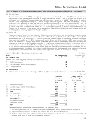 Reliance Communications Limited
83
Notes on Accounts to the Abridged Consolidated Balance Sheet and Abridged Consolidated Statement of Profit and Loss
(vii)	 Spectrum Charges
	 Department of Telecommunication (DoT) has, during the previous year, issued demand on the Company for ` 1,758 crore towards levy of one
time Spectrum Charges, being the prospective charges for holding CDMA Spectrum beyond 2.5 MHz for the period from January 1, 2013
till the expiry of the initial terms of the respective Licenses. DoT has also issued a demand on the Subsidiary of the Company for one time
Spectrum Charges, being retrospective charges of ` 5 crore for holding GSM Spectrum beyond 6.2 MHz for the period from July 1, 2008 to
December 31, 2012 and prospective charge of ` 169 crore for GSM spectrum held beyond 4.4 MHz for the period from January 1, 2013 till
the expiry of the initial terms of the respective Licenses. Based on a petition filed by the Company and its subsidiary, the Hon’ble High Court
of Kolkata, vide its orders dated February 14, and April 19, 2013 has stayed the operation of the impugned demand till further order. The
Company is of the opinion that the said demand, inter alia, is an alteration of financial terms of the licenses issued in the past and has also
been legally advised. Accordingly, no provision in this regard is required.
(viii)	 Special Audit
	 Pursuant to the Telecom License Agreement, Department of Telecommunications (DoT) directed audit of various Telecom companies including
of the Company. The Special Auditors appointed by DoT were required to verify records of the Company and some of its subsidiaries for the
years ended March 31, 2007 and March 31, 2008 relating to license fees and revenue share. The Company and its subsidiary had received
show cause notices dated January 31, 2012 and subsequently received demand note dated November 8, 2012 based on report of the
Special Audit directed by DoT relating to alleged shortfall of license fees of ` 314 crore and interest thereon as applicable. The Company has
challenged the Special audit demand notices dated November 11, 2012, inter alia demanding license fee on non telecom revenue based on
Special Audit Report before the Hon’ble TDSAT and also before the Hon’ble High Court of Kerala. Both the Courts have stayed the operation
of such impugned demand during the pendency of the Petitions before them. The Company is confident that based on advice and, inter alia,
on current understanding of the regulation by the industry and judicial pronouncements directly applicable to the issues raised in the special
audit report, there shall not be any liability in this regard and hence, no provision is required in the accounts of the Company.
Note 2.09 (Note 2.35 in Consolidated Annual Accounts) (` in Crore)
Leases For the year ended
March 31, 2014
For the year ended
March 31, 2013(a)	 Operating Lease
Estimated future minimum payments under non cancellable operating leases.
(i) Not later than one year 32 31
(ii) Later than one year and not later than five years 46 58
(iii) Later than five years 8 1
(b)	 Finance Lease
The details of minimum lease rentals outstanding as at March 31, 2014 in respect of fixed assets acquired on or after April 1, 2001
(` in Crore)
Minimum
Lease payment
Present Value of
Minimum Lease payment
As March 31 As at March 31
2014 2013 2014 2013
(i) Not later than one year 37 36 20 18
(ii) Later than one year and not later than five years 149 144 95 85
(iii) Later than five years 209 248 175 203
(iv) Total 395 428 290 306
(v) Less : Finance Cost 105 122
(vi) Present value of minimum lease payments 290 306
Disclosed under
Other Long Term Liabilities 271 294
Other Current Liabilities 19 12
Total 290 306
	 General description of the significant leasing arrangements is as mentioned below.
	 (a)	 The lease agreement is valid for a fixed non cancellable period from the date of commencement of lease rentals.
	 (b)	 Upon termination of the lease agreement, the Company shall return the assets to the lessor.
	 (c)	 In the event, the claim of lessor for depreciation is disallowed partly or fully in their tax assessment, the lease rentals will
increase to the extent of depreciation disallowed to the lessor.
 