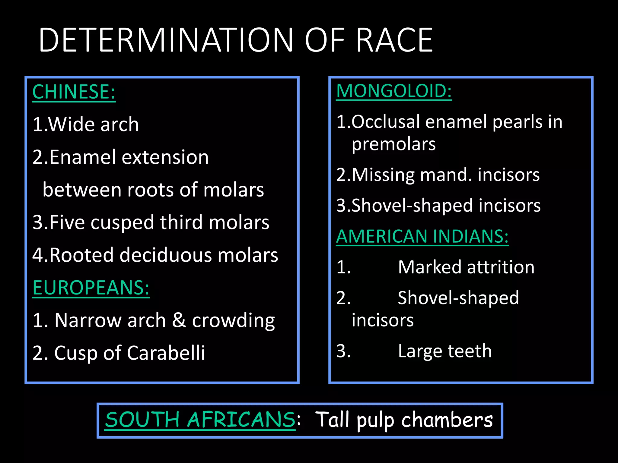 DETERMINATION OF RACE
CHINESE:
1.Wide arch
2.Enamel extension
between roots of molars
3.Five cusped third molars
4.Rooted deciduous molars
EUROPEANS:
1. Narrow arch & crowding
2. Cusp of Carabelli
MONGOLOID:
1.Occlusal enamel pearls in
premolars
2.Missing mand. incisors
3.Shovel-shaped incisors
AMERICAN INDIANS:
1. Marked attrition
2. Shovel-shaped
incisors
3. Large teeth
SOUTH AFRICANS: Tall pulp chambers
 