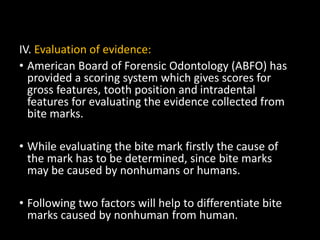 IV. Evaluation of evidence:
• American Board of Forensic Odontology (ABFO) has
provided a scoring system which gives scores for
gross features, tooth position and intradental
features for evaluating the evidence collected from
bite marks.
• While evaluating the bite mark firstly the cause of
the mark has to be determined, since bite marks
may be caused by nonhumans or humans.
• Following two factors will help to differentiate bite
marks caused by nonhuman from human.
 