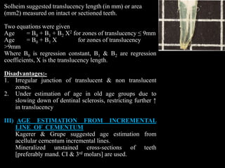 Solheim suggested translucency length (in mm) or area
(mm2) measured on intact or sectioned teeth.
Two equations were given
Age = B0 + B1 + B2 X2 for zones of translucency ≤ 9mm
Age = B0 + B1 X for zones of translucency
>9mm
Where B0 is regression constant, B1 & B2 are regression
coefficients, X is the translucency length.
Disadvantages:-
1. Irregular junction of translucent & non translucent
zones.
2. Under estimation of age in old age groups due to
slowing down of dentinal sclerosis, restricting further ↑
in translucency
III) AGE ESTIMATION FROM INCREMENTAL
LINE OF CEMENTUM
Kagerer & Grupe suggested age estimation from
acellular cementum incremental lines.
Mineralized unstained cross-sections of teeth
[preferably mand. CI & 3rd molars] are used.
 