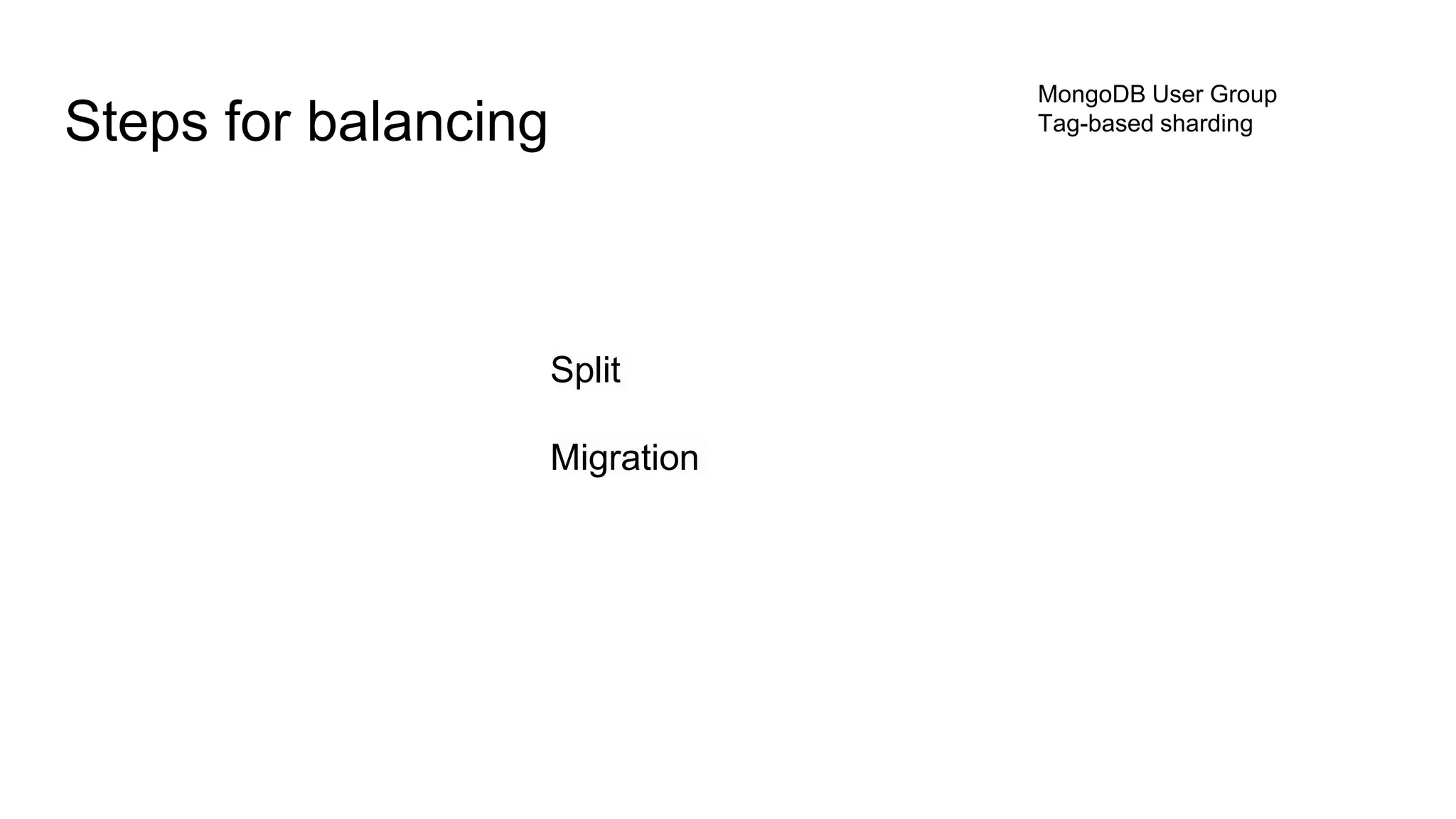 MongoDB User Group
Tag-based sharding
Split
Migration
Steps for balancing
 