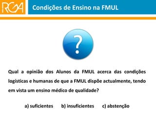 Qual a opinião dos Alunos da FMUL acerca das condições logísticas e humanas de que a FMUL dispõe actualmente, tendo em vista um ensino médico de qualidade? a) suficientes  b) insuficientes  c) abstenção Condições de Ensino na FMUL 