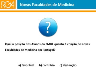 Qual a posição dos Alunos da FMUL quanto à criação de novas Faculdades de Medicina em Portugal? a) favorável  b) contrária  c) abstenção Novas Faculdades de Medicina 