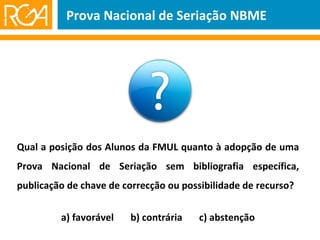 Qual a posição dos Alunos da FMUL quanto à adopção de uma Prova Nacional de Seriação sem bibliografia específica, publicação de chave de correcção ou possibilidade de recurso? a) favorável  b) contrária  c) abstenção Prova Nacional de Seriação NBME 