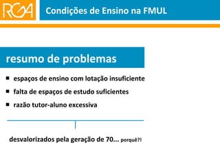    espaços de ensino com lotação insuficiente    falta de espaços de estudo suficientes    razão tutor-aluno excessiva Condições de Ensino na FMUL resumo de problemas desvalorizados pela geração de 70...  porquê?! 