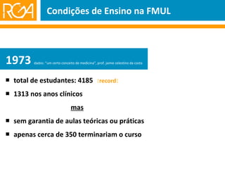    total de estudantes: 4185  record     1313 nos anos clínicos   mas    sem garantia de aulas teóricas ou práticas    apenas cerca de 350 terminariam o curso Condições de Ensino na FMUL 1973 dados: “um certo conceito de medicina”, prof. jaime celestino da costa 