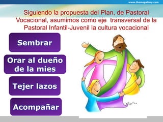 www.themegallery.com 
Siguiendo la propuesta del Plan, de Pastoral 
Vocacional, asumimos como eje transversal de la 
Pastoral Infantil-Juvenil la cultura vocacional 
Sembrar 
Orar al dueño 
de la mies 
Tejer lazos 
Acompañar 
