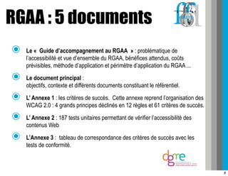 RGAA : 5 documents
๏   Le « Guide d’accompagnement au RGAA » : problématique de
    l’accessibilité et vue d’ensemble du RGAA, bénéfices attendus, coûts
    prévisibles, méthode d’application et périmètre d’application du RGAA ...
๏   Le document principal :
    objectifs, contexte et différents documents constituant le référentiel.
๏   L’ Annexe 1 : les critères de succès. Cette annexe reprend l’organisation des
    WCAG 2.0 : 4 grands principes déclinés en 12 règles et 61 critères de succès.
๏   L’ Annexe 2 : 187 tests unitaires permettant de vérifier l’accessibilité des
    contenus Web
๏   L’Annexe 3 : tableau de correspondance des critères de succès avec les
    tests de conformité.



                                                                                    8
 