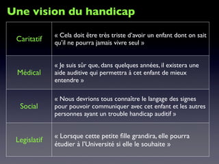 Une vision du handicap
Caritatif
« Cela doit être très triste d’avoir un enfant dont on sait
qu’il ne pourra jamais vivre seul »
Médical  
« Je suis sûr que, dans quelques années, il existera une
aide auditive qui permettra à cet enfant de mieux
entendre »
Social
« Nous devrions tous connaître le langage des signes
pour pouvoir communiquer avec cet enfant et les autres
personnes ayant un trouble handicap auditif »
Legislatif
« Lorsque cette petite ﬁlle grandira, elle pourra
étudier à l’Université si elle le souhaite »
 