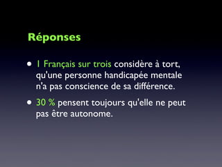 • 1 Français sur trois considère à tort,
qu'une personne handicapée mentale
n'a pas conscience de sa différence.
• 30 % pensent toujours qu'elle ne peut
pas être autonome.
Réponses
 