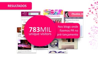 RESULTADOS




                               Nos blogs onde
             783MIL
             unique visitors
                                 fizemos PR no
                               pré-lançamento
 