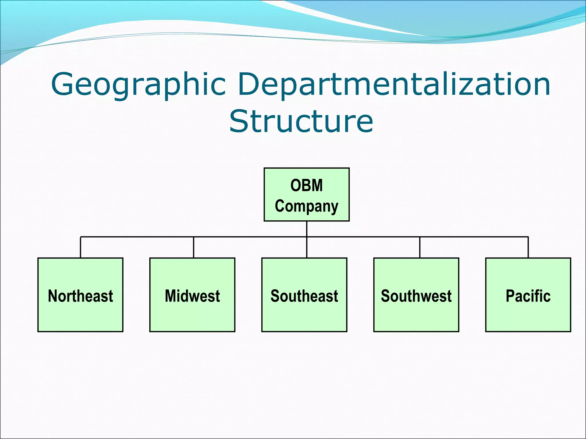 Northeast Midwest Southeast Pacific
OBM
Company
Southwest
Geographic Departmentalization
Structure
 