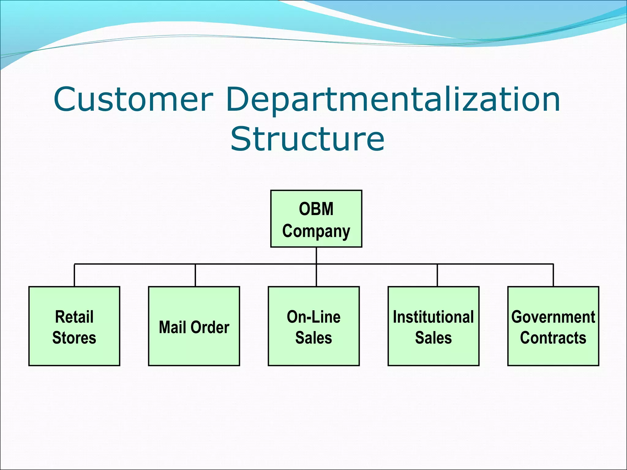 Retail
Stores
Mail Order
On-Line
Sales
Government
Contracts
OBM
Company
Institutional
Sales
Customer Departmentalization
Structure
 