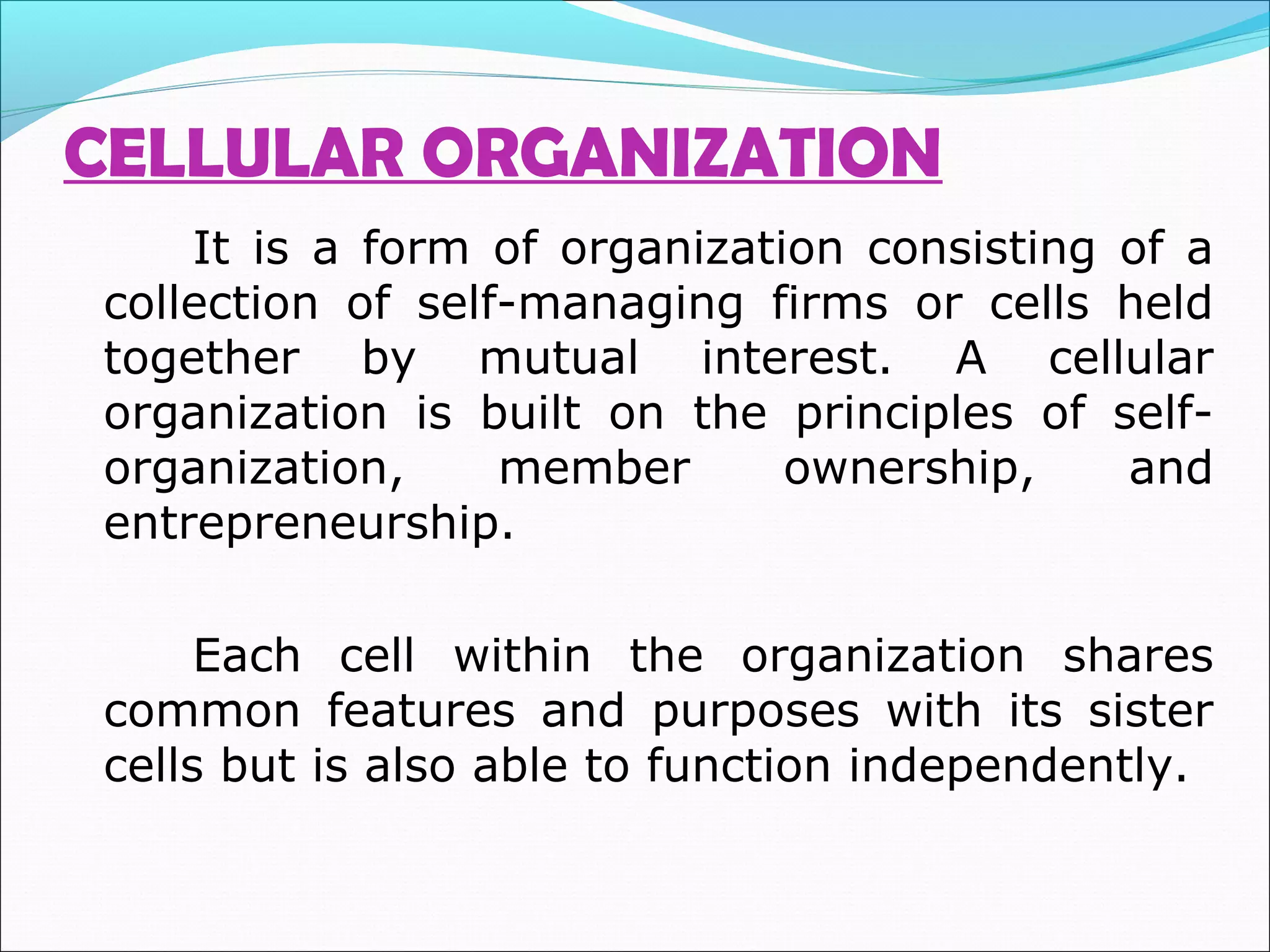 CELLULAR ORGANIZATION
It is a form of organization consisting of a
collection of self-managing firms or cells held
together by mutual interest. A cellular
organization is built on the principles of self-
organization, member ownership, and
entrepreneurship.
Each cell within the organization shares
common features and purposes with its sister
cells but is also able to function independently.
 