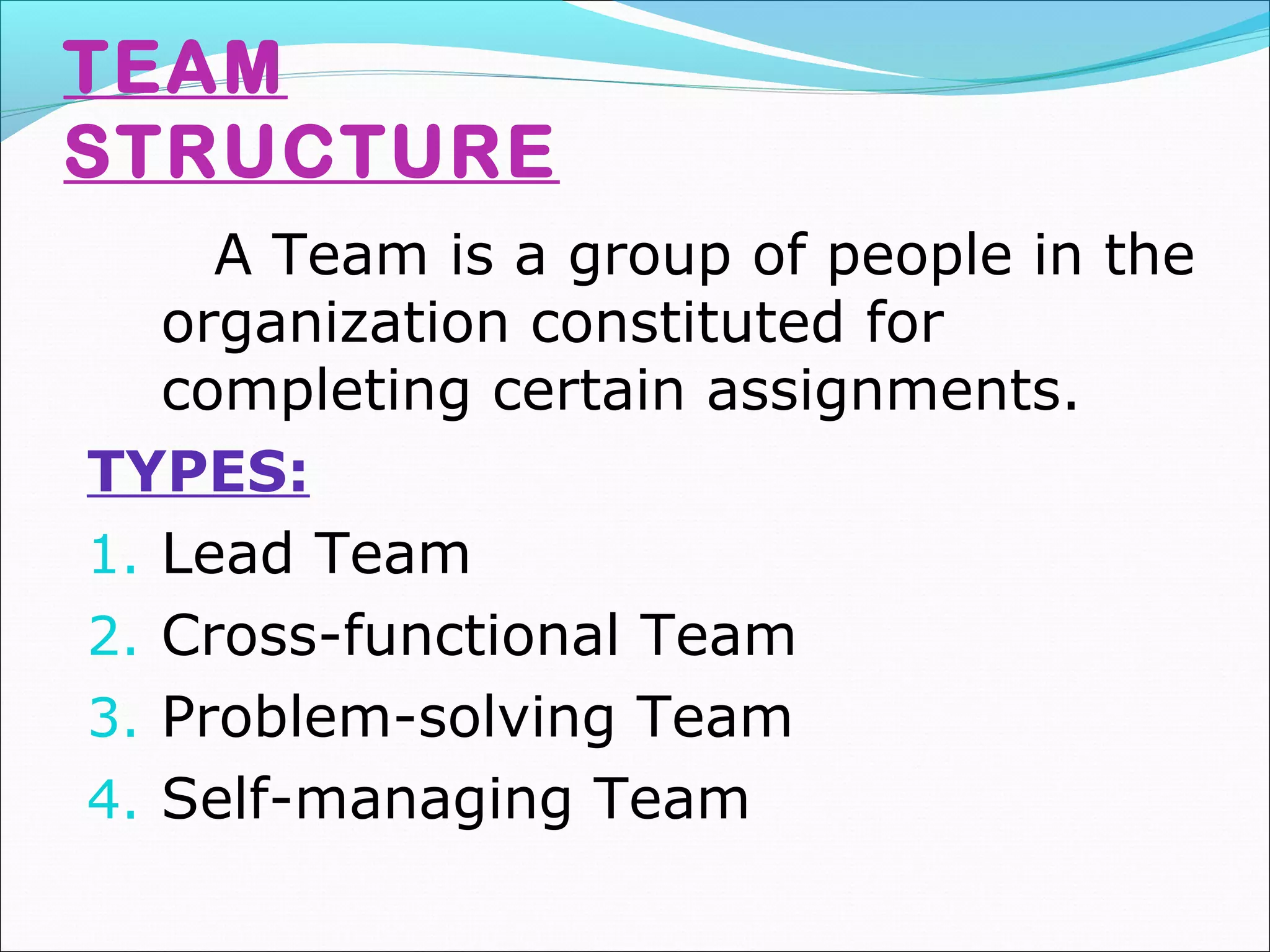 TEAM
STRUCTURE
A Team is a group of people in the
organization constituted for
completing certain assignments.
TYPES:
1. Lead Team
2. Cross-functional Team
3. Problem-solving Team
4. Self-managing Team
 