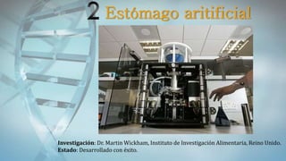 Investigación: Dr. Martin Wickham, Instituto de Investigación Alimentaria, Reino Unido.
Estado: Desarrollado con éxito.
Estómago aritificial
 