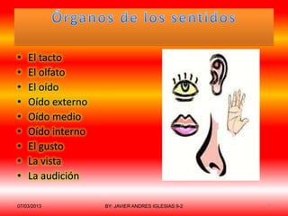 •   El tacto
•   El olfato
•   El oído
•   Oído externo
•   Oído medio
•   Oído interno
•   El gusto
•   La vista
•   La audición

07/03/2013         BY: JAVIER ANDRES IGLESIAS 9-2   1
 
