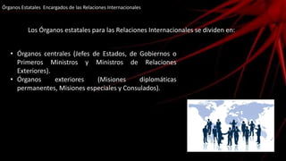 Órganos Estatales Encargados de las Relaciones Internacionales
Los Órganos estatales para las Relaciones Internacionales se dividen en:
• Órganos centrales (Jefes de Estados, de Gobiernos o
Primeros Ministros y Ministros de Relaciones
Exteriores).
• Órganos exteriores (Misiones diplomáticas
permanentes, Misiones especiales y Consulados).
 