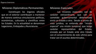 Órganos Exteriores
Misiones Diplomáticas Permanentes
Constituyen los órganos oficiales
que en el exterior contribuyen a mantener
de manera continua vinculaciones políticas,
económicas, culturales y científicas entre
los Estados. En la actualidad se denominan
Legaciones, Embajadas y Nunciaturas.
Misiones Especiales
Las misiones especiales son de
carácter extraordinario, que con un
cometido gubernamental determinado
envía un Estado a otro. Desde el punto de
vista jurídico, se entiende por “misión
especial” una misión temporal, que tenga
carácter representativo del Estado,
enviada por un Estado ante otro Estado
con el consentimiento de este ultimo para
tratar con él asuntos determinados.
 