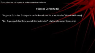 Órganos Estatales Encargados de las Relaciones Internacionales
Fuentes Consultadas
“Órganos Estatales Encargadas de las Relaciones Internacionales” (Antonio Linares).
“Los Órganos de las Relaciones Internacionales” (diplomaticosescritores.org).
 