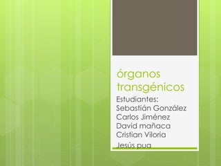 órganos
transgénicos
Estudiantes:
Sebastián González
Carlos Jiménez
David mañaca
Cristian Viloria
Jesús pua
 