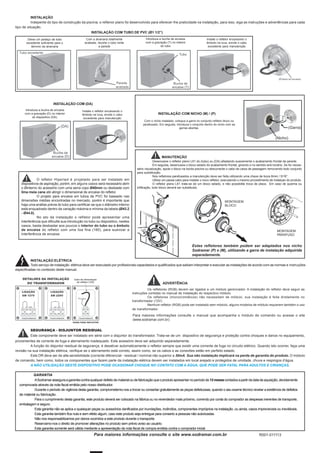 Para maiores informações consulte o site www.sodramar.com.br
Este componente deve ser instalado em série com o disjuntor do transformador. Trata-se de um dispositivo de segurança e proteção contra choques e danos no equipamento,
provenientes de corrente de fuga e aterramento inadequado. Este acessório deve ser adquirido separadamente.
A função do disjuntor residual de segurança, é desativar automaticamente o refletor sempre que existir uma corrente de fuga no circuito elétrico. Quando isto ocorrer, faça uma
revisão na sua instalação elétrica, verifique se o aterramento está correto, assim como, se os cabos e as conexões estão em perfeito estado.
Este DR deve ser de alta sensibilidade (corrente diferencial - residual / nominal não superior a 30mA. Sua não instalação implicará na perda de garantia do produto. O módulo
de comando, bem como, todos os componentes que fazem parte da instalação elétrica devem ser instalados em local arejado e protegidos de umidade, chuva e respingos d’água.
A NÃO UTILIZAÇÃO DESTE DISPOSITIVO PODE OCASIONAR CHOQUE NO CONTATO COM A ÁGUA, QUE PODE SER FATAL PARA ADULTOS E CRIANÇAS.
SEGURANÇA - DISJUNTOR RESIDUAL
ASodramarasseguraagarantiacontraqualquerdefeitodematerialoudefabricaçãoqueoprodutoapresentarnoperíodode12mesescontadosapartirdadatadeaquisição,devidamente
comprovada através da nota fiscal emitida pelo nosso distribuidor.
Durante o período de vigência desta garantia, comprometemo-nos a trocar ou consertar gratuitamente as peças defeituosas, quando o seu exame técnico revelar a existência de defeitos
de material ou fabricação.
Para o cumprimento desta garantia, este produto deverá ser colocado na fábrica ou no revendedor mais próximo, correndo por conta do comprador as despesas inerentes de transporte,
embalagem e seguro.
Esta garantia não se aplica a quaisquer peças ou acessórios danificados por inundações, incêndios, componentes impróprios na instalação, ou ainda, casos imprevisíveis ou inevitáveis.
Esta garantia também fica nula e sem efeito algum, caso este produto seja entregue para conserto a pessoas não autorizadas.
Não nos responsabilizamos por danos ocorridos a este produto durante o transporte.
Reservamo-nos o direito de promover alterações no produto sem prévio aviso ao usuário.
Esta garantia somente será válida mediante a apresentação da nota fiscal de compra emitida contra o comprador inicial.
INSTALAÇÃO
Indepente do tipo de construção da piscina, o reflenor plano foi desenvolvido para oferecer-lhe praticidade na instalação, para isso, siga as instruções e advertências para cada
tipo de situação.
Deixe um pedaço de tubo
excedente suficiente para o
término da alvenaria
Com a alvenaria totalmente
acabada, recorte o tubo rente
a parede
Introduza a bucha de encaixe
com a gravação (T) no interior
do tubo
Instale o refletor encaixando o
êmbolo na luva, enrole o cabo
excedente para manutenção
Introduza a bucha de encaixe
com a gravação (D) no interior
do dispositivo (DA).
Instale o refletor encaixando o
êmbolo na luva, enrole o cabo
excedente para manutenção
INSTALAÇÃO COM TUBO DE PVC (Ø1 1/2”)
INSTALAÇÃO COM (DA)
O refletor Hiperled é projetado para ser instalado em
dispositivos de aspiração, porém, em alguns casos será necessário abrir
o Øinterno do acessório com uma serra copo Ø40mm ou desbaste com
lima meia cana até atingir o dimensional de encaixe do refletor.
O projeto para encaixe em tubos de PVC foi baseado nas
dimensões médias encontradas no mercado, porém é importante que
haja uma análise prévia do tubo para certificar-se que o diâmetro interno
está enquadrado dentro da variação máxima e mínima da tabela (Ø43.2
- Ø44.0).
No ato da instalação o refletor pode apresentar uma
interferência que dificulte sua introdução no tubo ou dispositivo, nestes
casos, basta desbastar aos poucos o interior do tubo ou o êmbolo
de encaixe do refletor com uma lixa fina (180), para suavizar a
interferência de encaixe.
Desencaixe o refletor plano L61 do (tubo) ou (DA) afastando suavemente o acabamento frontal da parede.
Em seguida, desencaixe o bloco selado do acabamento frontal, girando-o no sentido anti-horário. Se for neces-
sário visualização, apoie o bloco na borda piscina ou desconecte o cabo da caixa de passagem removendo todo conjunto
para substituição.
Nos refletores parafusados a manutenção deve ser feita utilizando uma chave de boca 8mm / 5/16”.
Utilize um passa cabo para instalar o novo refletor, executando o mesmo procedimento de instalçao do produto.
O refletor plano L61 trata-se de um bloco selado, e não possibilita troca de placa. Em caso de queima ou
infiltração, todo bloco deverá ser substituido.
MANUTENÇÃO
Para maiores informações consulte o manual que acompanha o módulo de comando ou acesse o site
(www.sodramar.com.br).
GARANTIA
INSTALAÇÃO ELÉTRICA
Todo serviço de instalação elétrica deve ser executado por profissionais capacitados e qualificados que saibam interpretar e executar as instalações de acordo com as normas e instruções
especificadas no conteúdo deste manual.
Os refletores (RGB) devem ser ligados a um módulo gerenciador. A instalação do refletor deve seguir as
instruções contidas no manual de instalação do respectivo módulo.
Os refletores (monocromáticos) não necessitam de módulo, sua instalação é feita diretamente no
transformador (12V) .
Nenhum refletor (RGB) pode ser instalado sem módulo, alguns modelos de módulo requerem também o uso
de transformador.
ADVERTÊNCIA
MONTAGEM
BLOCO
MONTAGEM
PARAFUSO
Estes refletores também podem ser adaptados nos nicho
Sodramar (P) e (M), utilizando a garra de instalação adquirida
separadamente.
R001-011113
INSTALAÇÃO COM NICHO (M) / (P)
Com o nicho instalado, coloque a garra no conjunto refletor bloco ou
parafusado. Em seguida, introduza o conjunto dentro do nicho com as
garras abertas.
 