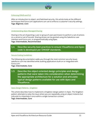 Apex and Visualforce Architecture Resource Guide 11
Enforcing CRUD and FLS
After an introduction to object- and field-level security, this article looks at the different
techniques that Force.com applications can use to enforce a customer's security settings.
Tags: Beginner, Core
Understanding Apex Managed Sharing
Sharing is the act of granting a user or group of users permission to perform a set of actions
on a record or set of records. Sharing access can be granted using the Salesforce user
interface and Force.com, or programmatically using Apex.
Tags: Intermediate, Recommended
1.4 Describe security best practices to ensure Visualforce and Apex
code is developed per OWASP standards.
Secure Coding Guidelines
The following documentation walks you through the most common security issues
salesforce.com has identified while auditing applications built on or integrated with
Force.com.
Tags: Intermediate, Core
1.5 Describe the object-oriented design principles and design
patterns that were taken into consideration when determining
the appropriate architecture for a solution and articulate
typical design patterns available for use with Apex and
Visualforce.
Apex Design Patterns - Singleton
This article describes how to implement a Singleton design pattern in Apex. The Singleton
pattern attempts to solve the issue where you are repeatedly using an object instance but
only wish to instantiate it once within a single transaction context.
Tags: Intermediate, Core
 