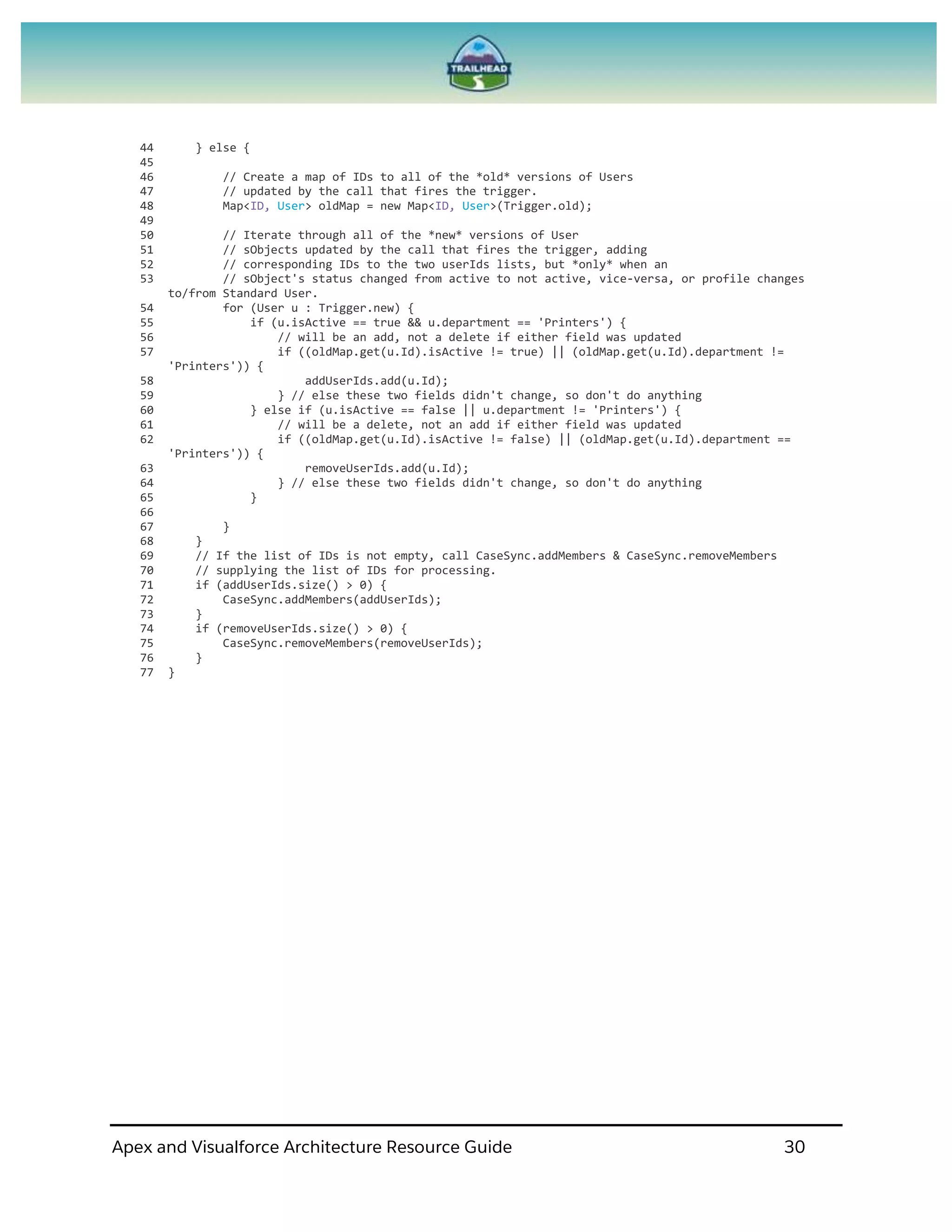 Apex and Visualforce Architecture Resource Guide 30
44 } else {
45
46 // Create a map of IDs to all of the *old* versions of Users
47 // updated by the call that fires the trigger.
48 Map<ID, User> oldMap = new Map<ID, User>(Trigger.old);
49
50 // Iterate through all of the *new* versions of User
51 // sObjects updated by the call that fires the trigger, adding
52 // corresponding IDs to the two userIds lists, but *only* when an
53 // sObject's status changed from active to not active, vice-versa, or profile changes
to/from Standard User.
54 for (User u : Trigger.new) {
55 if (u.isActive == true && u.department == 'Printers') {
56 // will be an add, not a delete if either field was updated
57 if ((oldMap.get(u.Id).isActive != true) || (oldMap.get(u.Id).department !=
'Printers')) {
58 addUserIds.add(u.Id);
59 } // else these two fields didn't change, so don't do anything
60 } else if (u.isActive == false || u.department != 'Printers') {
61 // will be a delete, not an add if either field was updated
62 if ((oldMap.get(u.Id).isActive != false) || (oldMap.get(u.Id).department ==
'Printers')) {
63 removeUserIds.add(u.Id);
64 } // else these two fields didn't change, so don't do anything
65 }
66
67 }
68 }
69 // If the list of IDs is not empty, call CaseSync.addMembers & CaseSync.removeMembers
70 // supplying the list of IDs for processing.
71 if (addUserIds.size() > 0) {
72 CaseSync.addMembers(addUserIds);
73 }
74 if (removeUserIds.size() > 0) {
75 CaseSync.removeMembers(removeUserIds);
76 }
77 }
 