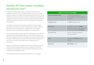 48
Exhibit #5: How many variables
should you test?
To determine the appropriate number of variables to A/B test in your
campaign, refer back to what you learned in science class: to run a robust
scientific experiment, you need to hold everything constant except for the one
variable you want to test, and you must have a control and a test scenario to
compare your results. If you want to run multi-variate testing (which helps you
understand the impact of every combination of variables), you’ll need even
more test cells.
If you want to ensure you have statistically significant results to support
your findings, start with the number of impressions you need for statistical
significance, and work backwards to understand how much budget is
required and how many tests you can feasibly run at any given time.
For this research project, we determined that 3.4M impressions per cell were
required for statistically significant results. In other words, to be able to say
that a “test” had significant results compared to the control, we had to serve a
minimum of 3.4M impressions for the control cell and 3.4M impressions for
the test cell. This number may differ for your campaigns, but it’s a
starting point.
Based on your budget, you can determine how many variables you can test
at any time. Beyond budget, adding more test variables can increase the
complexity of your campaign, so we recommend starting with one or two
creative tests and working from there.
Use the following framework to guide you through your own campaign:
Sample size and cost estimates
Minimum readable impact To estimate a minimum 5%
incremental lift of the test treatment
vs. control
Confidence level At a 90% confidence level
Sample size We need a minimum of 6.8MM
impressions spread evenly across the
test and control groups 6-8 weeks.
Conversion rate 0.04% conversion rate based on
industry standards
CPM Average CPM $5-$10 (varies by
vertical)
Media cost $35k–$65k per test
 