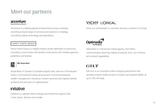 5
Royal Bank of Canada is Canada’s largest bank, and one of the largest
banks in the world providing personal and commercial banking,
wealth management, insurance, investor services and capital markets
products and services on a global basis.
Vichy is a world leader in cosmetic skincare; a division of L’Oreal.
Optimedia is a full service media agency, that offers
communication planning, digital, broadcast, print, out of home,
and content capabilities.
Gilt.com is an innovative online shopping destination that
provides instant insider access to today’s top designer labels, at
up to 70% off retail.
Initiative is a global media strategy and investment agency that
is fast, brave, decisive and simple.
Fancy Pants Group is a digital creative studio dedicated to producing
innovative, cross-screen and dynamic executions with notable agencies,
publishers and brands
Meet our partners
Accenture is a leading global professional services company,
providing a broad range of services and solutions in strategy,
consulting, digital, technology and operations.
F A N C Y P A N T S G R O U P
 