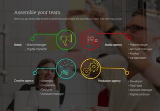 9
• Brand manager
• Digital marketer
• Planner/buyer
• Account manager
• Analyst
• Ad ops team
• Strategist
• Copywriter
• Designer
• Account manager
• Developer
• Tech lead
• Account manager
• Digital producer
Before you get started, take the time to identify the project leader and assemble your team. Your team may include:
Assemble your team
Brand Media agency
Creative agency Production agency
 