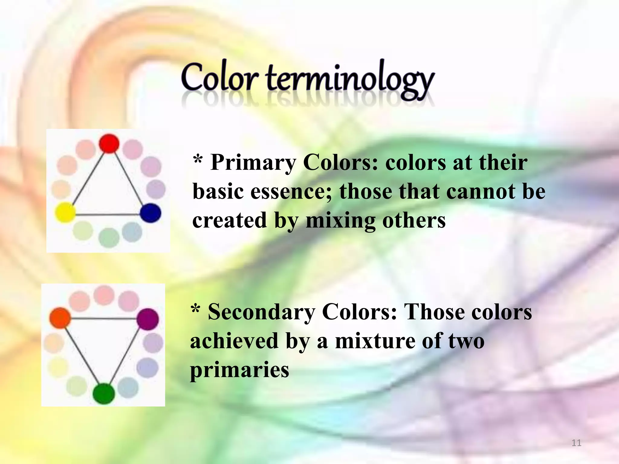 11
* Primary Colors: colors at their
basic essence; those that cannot be
created by mixing others
* Secondary Colors: Those colors
achieved by a mixture of two
primaries
 