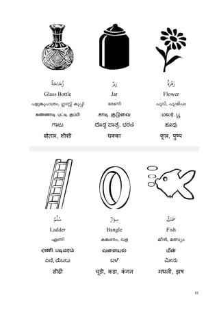 10
ٌ‫ﺔ‬َ‫ﺎﺟ‬َ‫ﺟ‬ُ‫ز‬ ٌ‫ﻳﺮ‬ِ‫ز‬ ٌ‫ة‬َ‫ﺮ‬ْ‫ﻫ‬َ‫ز‬
Glass Bottle Jar Flower
]fp¦p]m{Xw, ¥mÊv Ip¸n `cWn ]qhv, ]pjv]w
கண்ணாடி புட்டி, குப்பி சாடி, குடுைவ மல , பூ
ಾಜು ೊಡ ಾ ೆ, ಭರ ಹೂವ
बोतल, शीशी ध का फू ल, पु प
l °ٌ‫ﻢ‬‫ﻠ‬ُ‫ﺳ‬ ٌ‫ار‬َ‫ﻮ‬ِ‫ﺳ‬ ٌ‫ﻚ‬ََ‫ﲰ‬
Ladder Bangle Fish
GWn I¦Ww, hf ao³, aÕyw
ஏணி, படிமரம் வைளயல் மீன்
ಏ , ಟಲು ಬ ೆ ೕನು
सीढ चूडी, कडा, कं गन मधल , झष
 