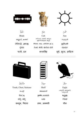 11
 ☼
ٌ‫ة‬َ‫ﺮ‬ْ‫ﻔ‬ُ‫ﺷ‬ ِ‫ﺷ‬ٌ‫ﻞ‬ْ‫ﺒ‬ ٌ‫ﺲ‬َْ‫ﴰ‬
Blade Cub Sun
t»Uv, I¯n knwlw, IcSn, ISph
FónhbpsS Ip«n kqcy³
பிேலடு, அலகு சிங்கம், கரடி, புலியின் குட்டி சூrயன்
ೇಡು ಂಹ, ಕರ , ಹು ಯ ಮ ಸೂಯ
प ती, दल ब चा संह सूय, सूरज, आ द य
  ٌ‫وق‬ُ‫ﺪ‬ْ‫ﻨ‬ُ‫ﺻ‬ ٌ‫ن‬‫ا‬َ‫ﻮ‬ِ‫ﺻ‬ ٌ‫ﺮ‬ْ‫ﻘ‬َ‫ﺻ‬
Trunk, Chest, Suitcase Shelf Eagle
s]«n Ae-amcn ]cp´v, Igp-I³,
Kcp-U³
ெபட்டி தண்டயமரம் கழுகு
ೆ , ಡ ಬಡು ಗರುಡ
स दूक, पटारा ताक, अलमार चील
 