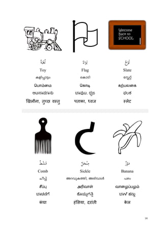 16
ُ‫ﻟ‬ٌ‫ﺔ‬َ‫ﺒ‬ْ‫ﻌ‬ ٌ‫اء‬َ‫ﻮ‬ِ‫ﻟ‬ ٌ‫ح‬ْ‫ﻮ‬َ‫ﻟ‬
Toy Flag Slate
Ifn¸m«w sImSn tÉäv
ெபாம்ைம ெகாடி கற்பலைக
ಆಟ ಾ ಾನು ಾವ ಟ, ಧಜ ಫಲಕ
खलौना, तु छ व तु पताका, वज लेट
 c ٌ‫ﻂ‬ْ‫ﺸ‬ُ‫ﻣ‬ ٌ‫ﻞ‬َ‫ﺠ‬ْ‫ﻨ‬ِ‫ﻣ‬ ٌ‫ز‬ْ‫ﻮ‬َ‫ﻣ‬
Comb Sickle Banana
No¸v AdhpI¯n, AcnhmÄ ]gw
சீப்பு அrவாள் வாைழப்பழம்
ಾಚ ೆ ೊಯುಗ ಾ ೆ ಹಣು
कं घा हं सया, दरांती के ल
 