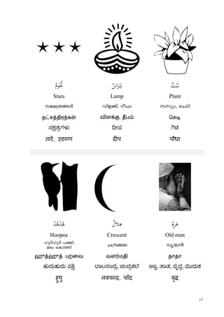 17
A ٌ‫ﻮم‬ُُ‫ﳒ‬ ٌ‫اس‬َ‫ﺮ‬ْ‫ـ‬‫ﺒ‬ِ‫ﻧ‬ ْ‫ﺒ‬َ‫ـ‬‫ﻧ‬ٌ‫ﺖ‬
Stars Lamp Plant
£-{X-§Ä hnf¡v, Zo]w kkyw, sNSn
நட்சத்திரந்கள் விளக்கு, தபம் ெசடி
ನ ತ ಗಳ ೕಪ ಡ
तार, उडगण द प पौधा
xْ‫ﺪ‬ُ‫ﻫ‬ْ‫ﺪ‬ُ‫ﻫ‬ ٌ‫ل‬َ‫ﻼ‬ِ‫ﻫ‬ ٌ‫م‬ِ‫ﺮ‬َ‫ﻫ‬
Hoopoe Crescent Old man
lpZvlpZv ]£n,
acw sIm¯n N{µ¡e hr²³
ஹுத்ஹுத் பறைவ வள மதி தாதா
ಹುದುಹುದು ಪ ಾಲಸಂದ , ಚಂದ ಕ ೆ ಅಜ, ಾತ, ವೃದ, ಮುದುಕ
हुपु नवच , चाँद वृ
 