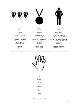 18
 ٌ‫ود‬ُ‫ر‬ُ‫و‬ ٌ‫ﺎم‬َ‫ﺳ‬ِ‫و‬ ٌ‫ﺪ‬َ‫ﻟ‬َ‫و‬
Roses Medal Boy/Son
tdmk ]q¡Ä IoÀ¯nap{Z ]¿³, B¬Ip«n
ேராசா பூவுகள் ெமடல், பதக்கம் மகன், ஆண்குழந்ைத
ಗು ಾ ಗಳ ಡ ಹುಡುಗ
गुलाब पदक, मु ा लडका, बालक
ٌ‫ﺪ‬َ‫ﻳ‬
Hand
ssI
ைக
ೈ
हाथ
‫اﻟﻌﻠﻴﻢ‬‫اﻟﺴﻤﻴﻊ‬‫أﻧﺖ‬‫إﻧﻚ‬‫ﻣﻨﺎ‬ ‫ﺗﻘﺒﻞ‬ ‫اﻟﻠﻬﻢ‬
 