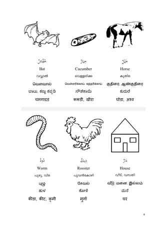 8
1 e óٌ‫ﺎش‬‫ﻔ‬ُ‫ﺧ‬ ٌ‫ﺎر‬َ‫ﻴ‬ِ‫ﺧ‬ ٌ‫ﻞ‬ْ‫ﻴ‬َ‫ﺧ‬
Bat Cucumber Horse
hÆmð shÅcn¡ IpXnc
ெவௗவால் ெவள்ளrக்காய், கத்தrக்காய் குதிைர, ஆண்குதிைர
ಾಟು, ಕಣು ಕಪ ೌ ೆ ಾ ಕುದು ೆ
चमगादड ककडी, खीरा घोडा, अ व
w uٌ‫ود‬ُ‫د‬ ٌ‫ﻳﻚ‬ِ‫د‬ ٌ‫ار‬َ‫د‬
Worm Rooster House
]pgp, hnc ]qh³tImgn hoSv, hkXn
புழு ேசவல் வடு, மைன, இல்லம்
ಹುಳ ೋ ಮ ೆ
क डा, क ट, कृ मी मुगा घर
 