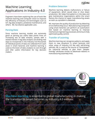 RGBSI © Copyright 2020. All Rights Reserved | Industry 4.0 22
Machine Learning
Applications in Industry 4.0
Engineers have been exploring the use of tools like
machine learning and computer vision to improve
the efficiency of Industry 4.0 technologies such as
IoT, big data analytics, predictive maintenance, and
others. ML has diverse applicable uses.
Parsing Data
Since machine learning models are extremely
good at parsing out useful data points from an
increasing sea of data streams, parties with a
vested interest in big data analytics are finding new
ways to incorporate it into Industry 4.0.Thousands
of individual points of data are collected from each
asset in smart factories and machine learning is
used as the brain of data analytics to sort through
and infer useful information for key decision
makers.
Problem Detection
Machine learning detects malfunctions or failure
of equipment, which would slow or shut down
production. ML helps find patterns in the data and
give maintenance organizations within the smart
factory the chance to repair manufacturing assets
as soon as a problem is detected.
ML improves the quality of production by detecting
errors before they occur. Manufacturing companies
using smart factories can perform an automation
test based on machine learning to improve
mechanical engineering processes and ensure fully
optimized quality control.
Transfer of Learning
Machine learning can recognize patterns and apply
them to new situations in smart factories and
other areas of Industry 4.0 like with self-driving
vehicles. ML is used as the source of “brainpower”
for industrial vehicles to give them “people-
friendly” attributes similar to advanced robotics in
manufacturing assembly lines.
Machine learning is essential to global manufacturing in making
the transition to smart factories as Industry 4.0 evolves.
 
