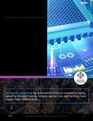 RGBSI © Copyright 2020. All Rights Reserved | Industry 4.0 26
Quantum computing has potential to enhance competitive agility,
speed up decision making, mitigate quality risks, and facilitate total
supply chain collaboration.
Quantum Computing
Potential Applications in
Industry 4.0
To be clear, there are no applications of quantum
computing in use at this time in Industry 4.0. And
no quantum computer does anything that remotely
resembles practical work. But big tech is anticipating
a quantum computing age.
Quantum computing has the potential to enhance
value-driven conclusions from massive data sets. It
could assist machine learning (ML) by driving artificial
intelligence (AI) to process the unanalyzed data. This
could help industry segments make sense of it all
and aide more comprehensive decision making.
Integrating quantum computing with Industry 4.0
disrupting technologies can potentially enhance
competitive agility, speed up decision making,
mitigate product quality risks, and facilitate total
supply chain collaboration.
 