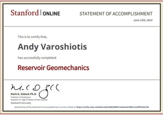 Stanford University Reservoir Geomechanics Certificate 