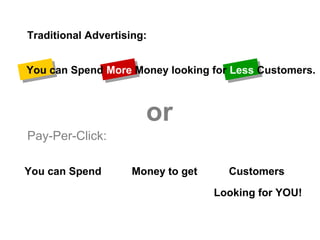 Traditional Advertising:


You can Spend More Money looking for Less Customers.



                       or
Pay-Per-Click:

You can Spend Less Money to get More Customers

                                 Looking for YOU!
 