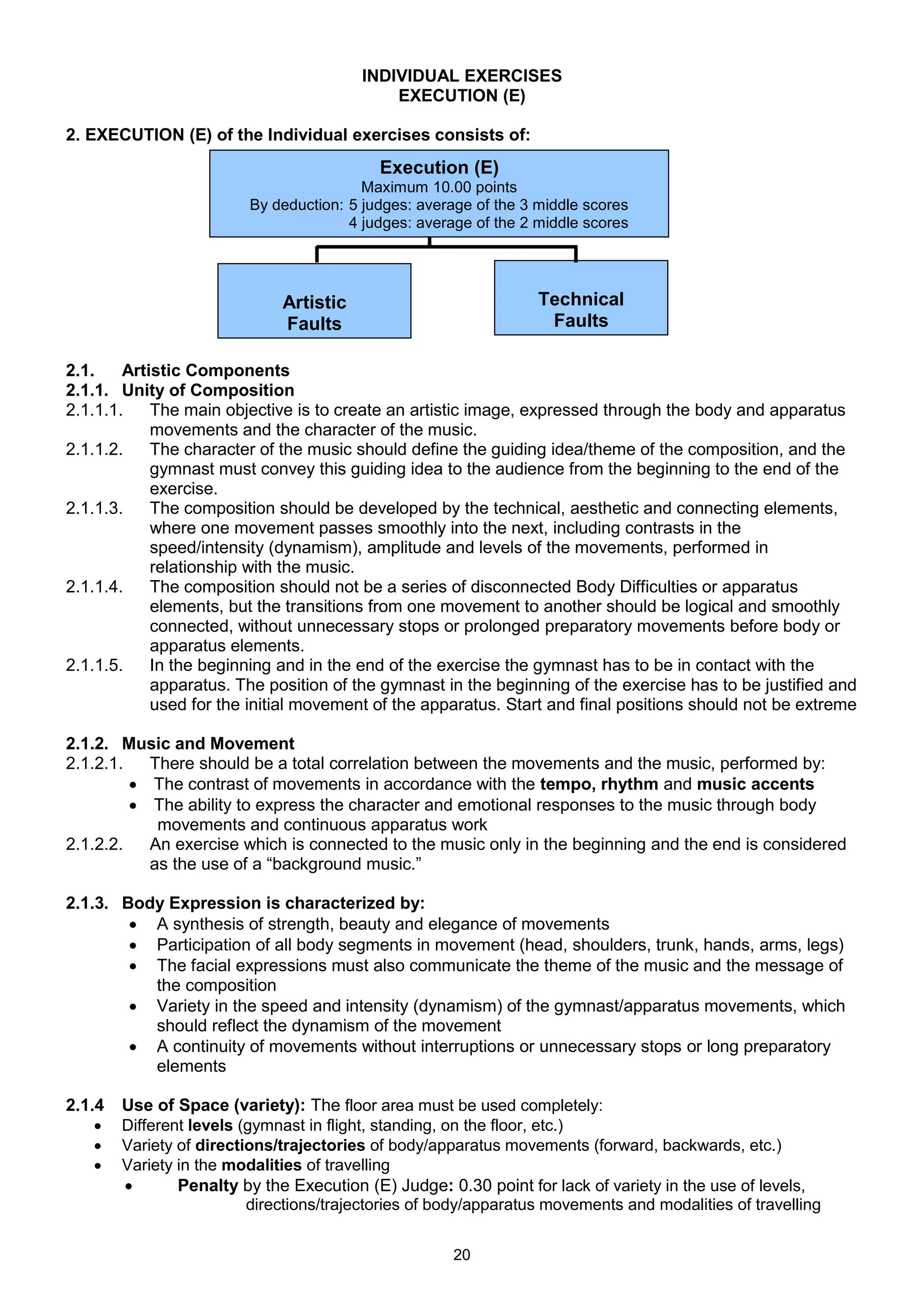 INDIVIDUAL EXERCISES
                                             EXECUTION (E)

2. EXECUTION (E) of the Individual exercises consists of:
                                            Execution (E)
                                         Maximum 10.00 points
                         By deduction: 5 judges: average of the 3 middle scores
                                       4 judges: average of the 2 middle scores




                              Artistic                            Technical
                              Faults                               Faults

2.1.    Artistic Components
2.1.1. Unity of Composition
2.1.1.1.    The main objective is to create an artistic image, expressed through the body and apparatus
            movements and the character of the music.
2.1.1.2.    The character of the music should define the guiding idea/theme of the composition, and the
            gymnast must convey this guiding idea to the audience from the beginning to the end of the
            exercise.
2.1.1.3.    The composition should be developed by the technical, aesthetic and connecting elements,
            where one movement passes smoothly into the next, including contrasts in the
            speed/intensity (dynamism), amplitude and levels of the movements, performed in
            relationship with the music.
2.1.1.4.    The composition should not be a series of disconnected Body Difficulties or apparatus
            elements, but the transitions from one movement to another should be logical and smoothly
            connected, without unnecessary stops or prolonged preparatory movements before body or
            apparatus elements.
2.1.1.5.    In the beginning and in the end of the exercise the gymnast has to be in contact with the
            apparatus. The position of the gymnast in the beginning of the exercise has to be justified and
            used for the initial movement of the apparatus. Start and final positions should not be extreme

2.1.2. Music and Movement
2.1.2.1.   There should be a total correlation between the movements and the music, performed by:
          The contrast of movements in accordance with the tempo, rhythm and music accents
          The ability to express the character and emotional responses to the music through body
            movements and continuous apparatus work
2.1.2.2.   An exercise which is connected to the music only in the beginning and the end is considered
           as the use of a “background music.”

2.1.3. Body Expression is characterized by:
         A synthesis of strength, beauty and elegance of movements
         Participation of all body segments in movement (head, shoulders, trunk, hands, arms, legs)
         The facial expressions must also communicate the theme of the music and the message of
          the composition
         Variety in the speed and intensity (dynamism) of the gymnast/apparatus movements, which
          should reflect the dynamism of the movement
         A continuity of movements without interruptions or unnecessary stops or long preparatory
          elements

2.1.4   Use of Space (variety): The floor area must be used completely:
       Different levels (gymnast in flight, standing, on the floor, etc.)
       Variety of directions/trajectories of body/apparatus movements (forward, backwards, etc.)
       Variety in the modalities of travelling
               Penalty by the Execution (E) Judge: 0.30 point for lack of variety in the use of levels,
                          directions/trajectories of body/apparatus movements and modalities of travelling


                                                      20
 